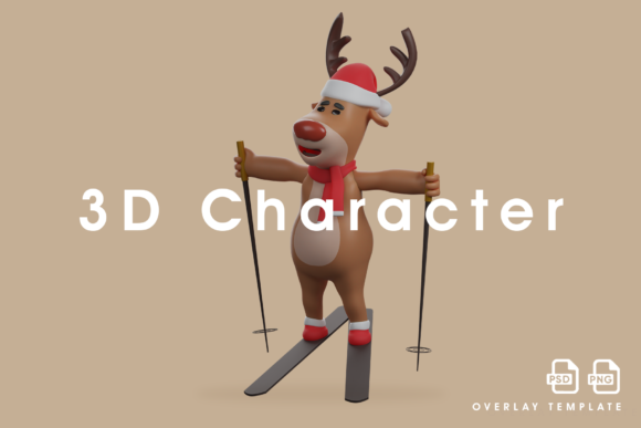 3D Christmas Deer Cartoon Playing Ski